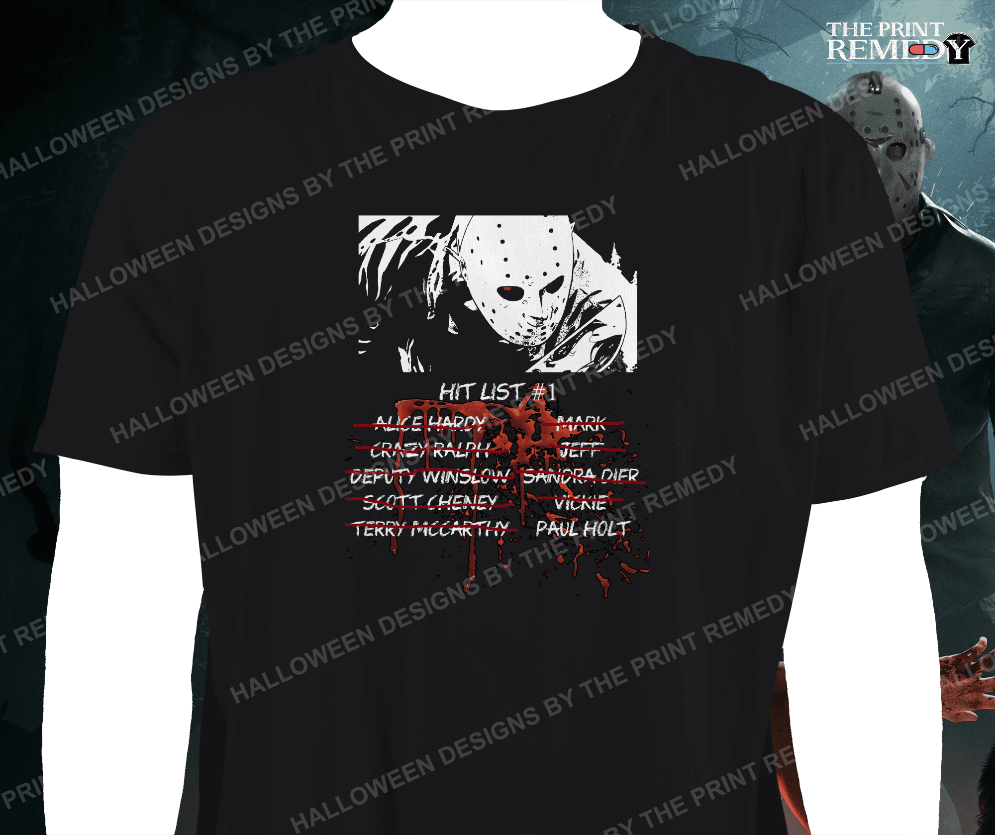 Vorhees_1stHitlist_mockup Friday the 13th Part 2 Hit List t-shirt featuring Jason Voorhees and a blood-splattered list of his confirmed victims, horror movie shirt by The Print Remedy.