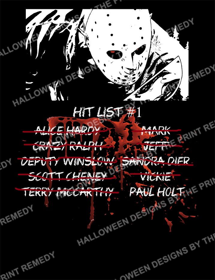 Vorhees_1stHitlist_web Friday the 13th Part 2 Hit List t-shirt featuring Jason Voorhees and a blood-splattered list of his confirmed victims, horror movie shirt by The Print Remedy.